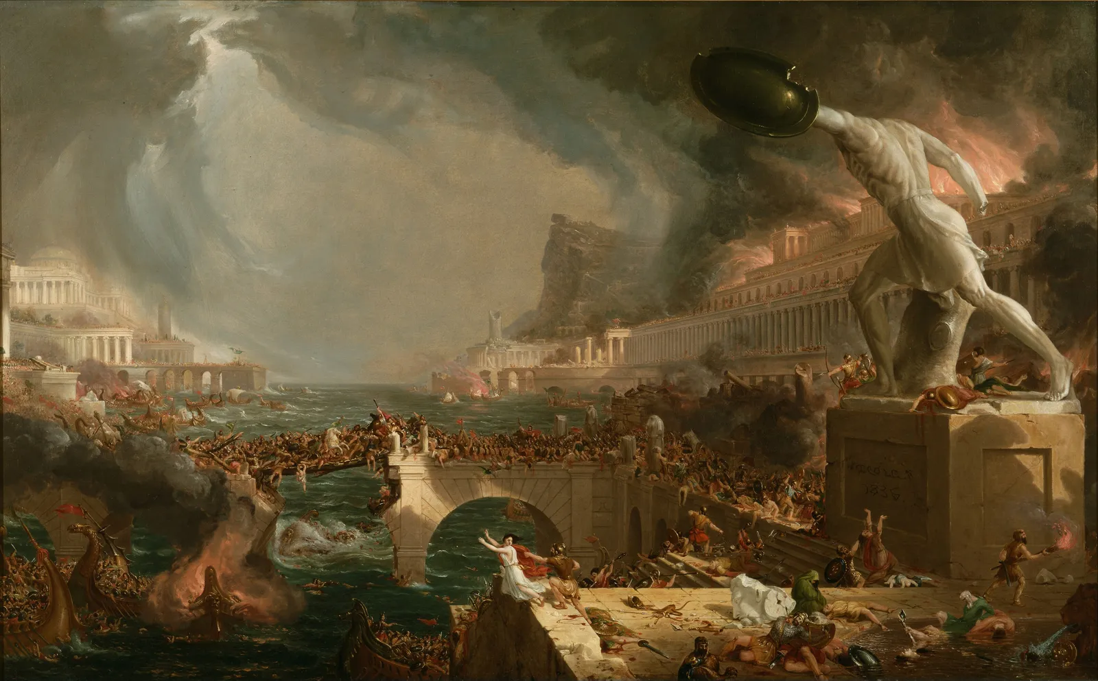 Thomas Cole’s Destruction: a classical harbour city in flames, its bridge collapsing under fleeing crowds beneath a headless colossal statue.
