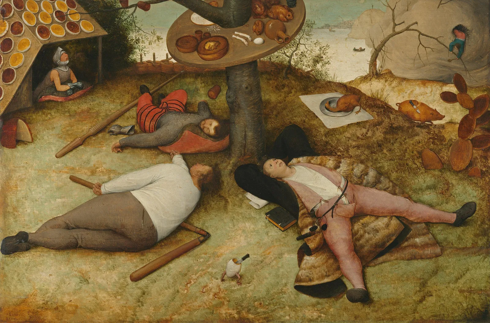 Bruegel’s The Land of Cockaigne: three sated men, a peasant, a soldier, and a clerk, lie sprawled under a table laden with food that grows on a tree.