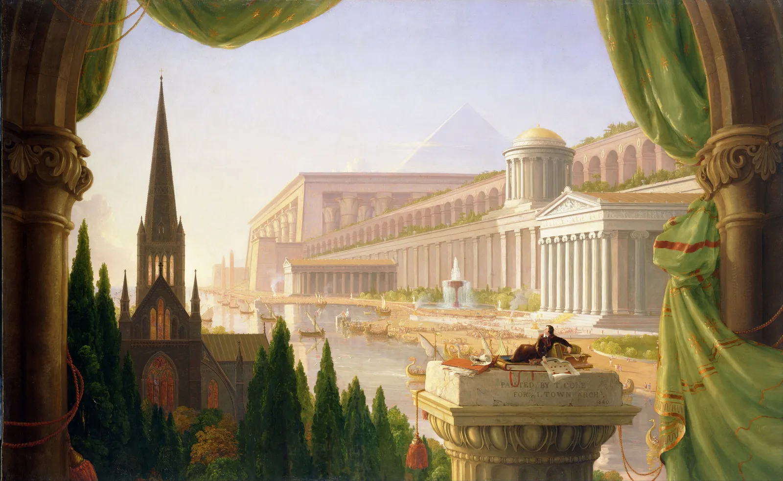 Thomas Cole’s The Architect’s Dream: a tiny architect reclines on a column top, gazing at an imagined city of Egyptian, Greek, and Gothic monuments along a river.